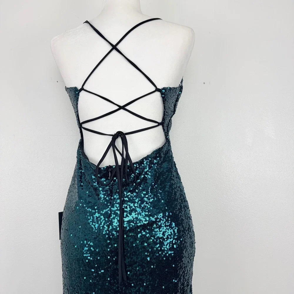 NWT Lulus Sequin Midi Dress‎ XL Teal Lace Up Back Sparkling Party Prom Stretch